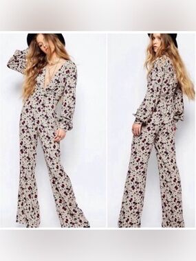 free people some like it hot floral print plunging v-neck jumpsuit